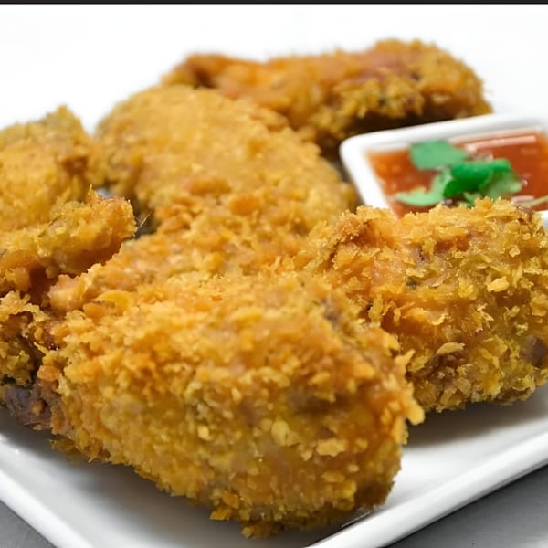 Crispy fried Thai chicken wings on a white plate with a side of sweet chili dipping sauce.