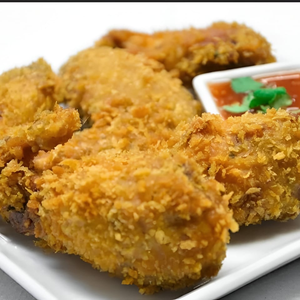 Crispy fried Thai chicken wings with a side of sweet chili dipping sauce on a white plate.