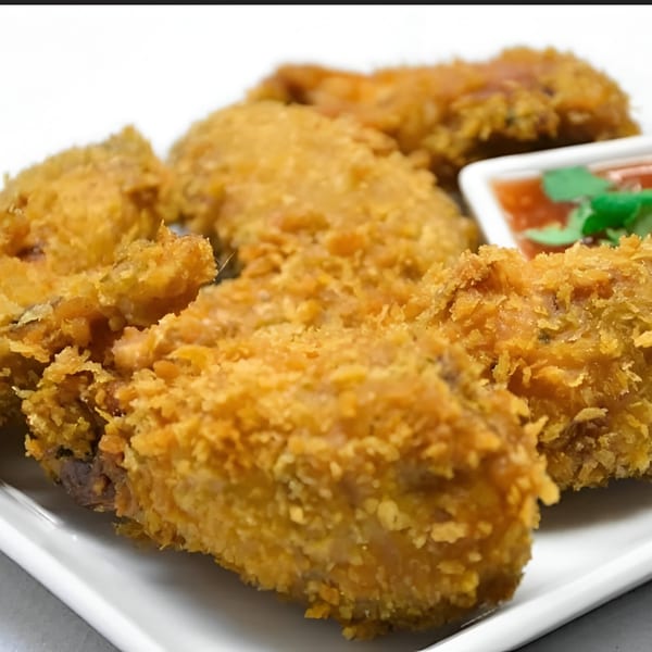 Crispy golden-brown Thai fried chicken pieces on a white plate with a side of dipping sauce.