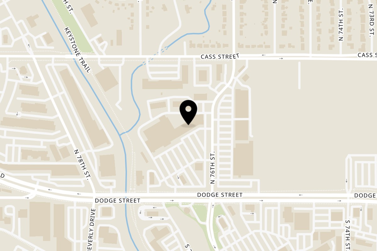 Map showing the location of Omaha Mercy Thai Dodge Street on 7622 Dodge St in Omaha